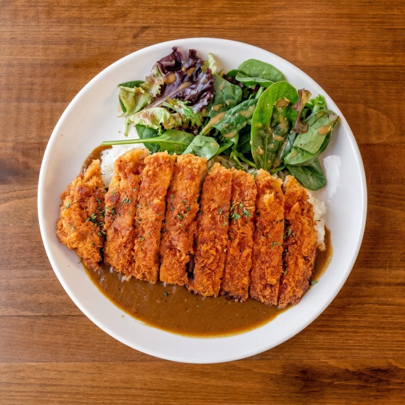 Sliced chicken katsu with curry sauce, white rice, and a side salad on a white plate.