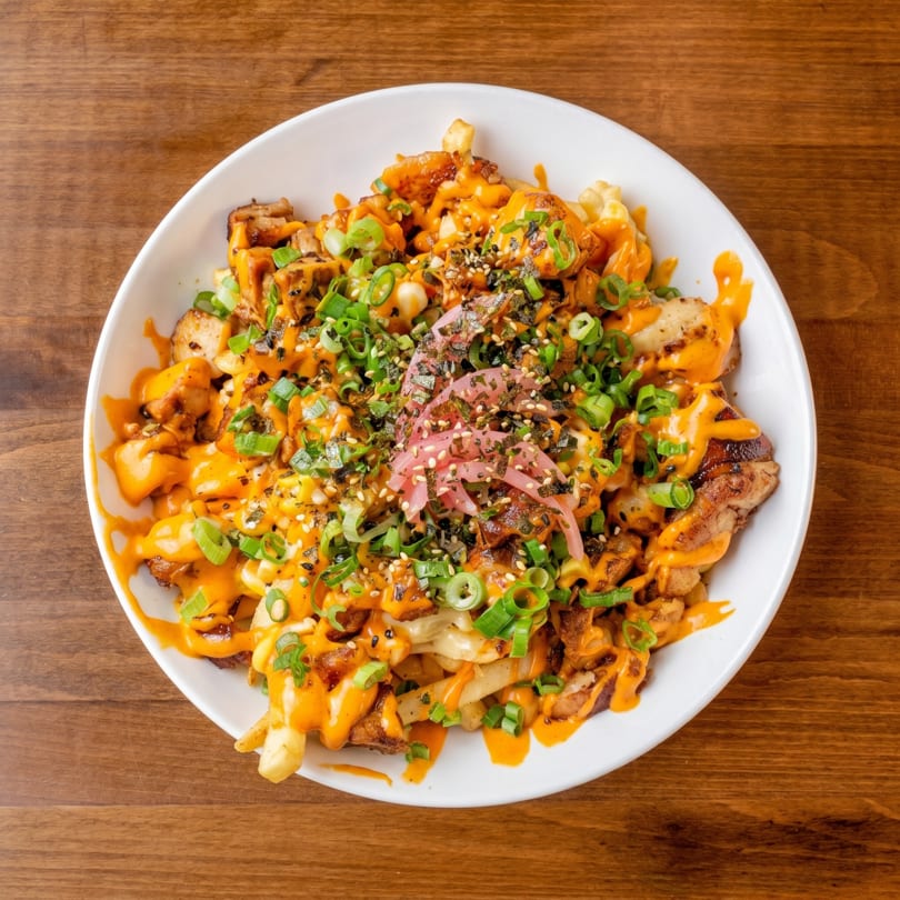 A white bowl filled with golden fries, chicken, orange sauce, green onions, and pickled red onions.