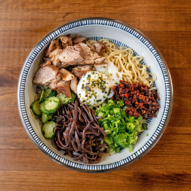 A colorful bowl of ramen with chicken, egg, noodles, cucumbers, mushrooms, and scallions.